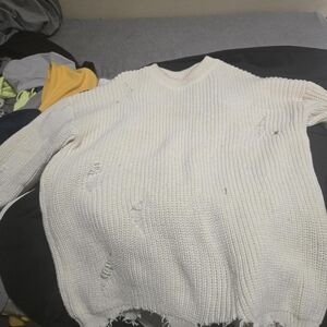 Balenciaga Cream Distressed Crew Neck Sweater